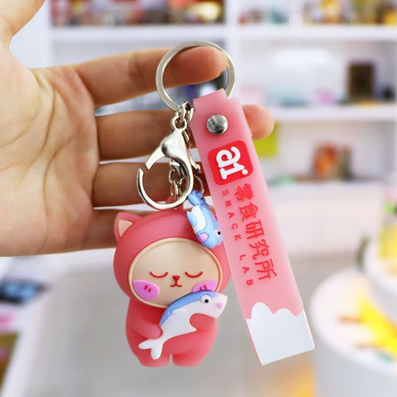 Cute Cat Character PVC Keychain with Strap